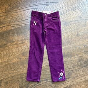 Kids Purple Corduroy Pants with Floral Embroidery